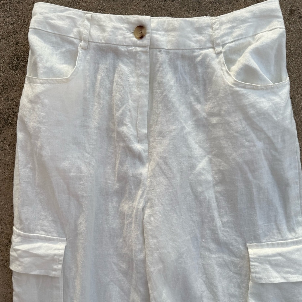 HG - Off White Cargo Linen Pants Size M Wide Leg - Picture 3 of 11